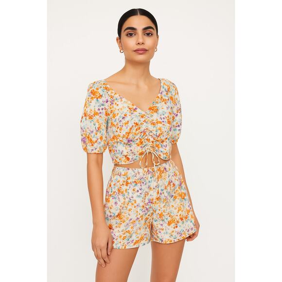 H&M Linen Blend Floral Puff Sleeve Crop Top and Shorts Set Size XS - Picture 1 of 13
